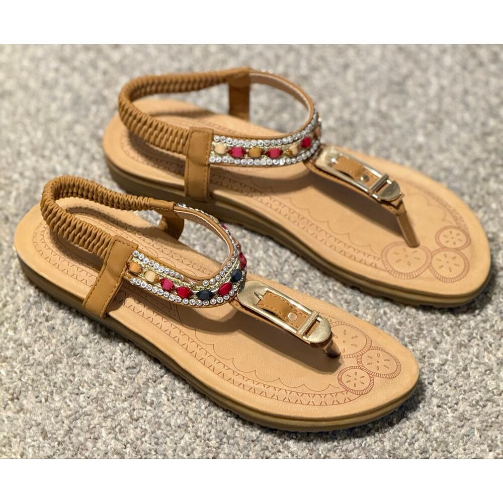 Victoria K Embellished Comfort Thong Sandals Brown Beaded - size EU41/US10